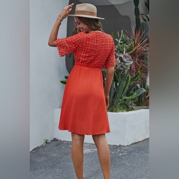 EUC Orange Half Sleeve Round Neck Lace Overlay Bodice Midi Dress Petallush - Picture 2 of 7